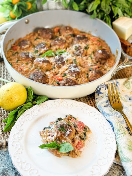 Chicken Pesto Meatballs with a Creamy Orzo