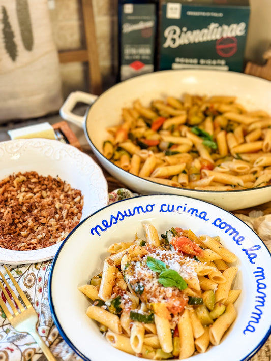 Pasta with Zucchini and Grape Tomatoes with Toasted Bread Crumbs
