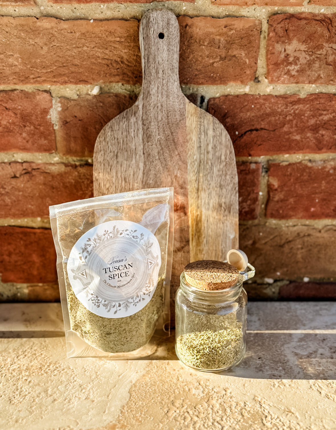 Teresa’s Tuscan Spice Bag (5 oz.) and Decorative Glass Container with Spoon