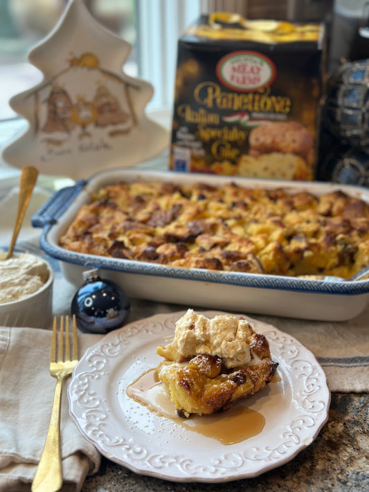 Panettone Bread Pudding with a Sweetened Mascarpone Cream