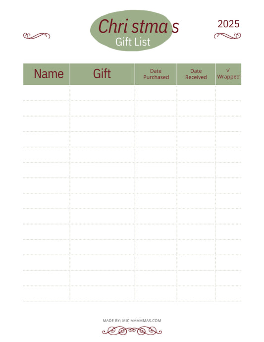 Free Christmas Gift List