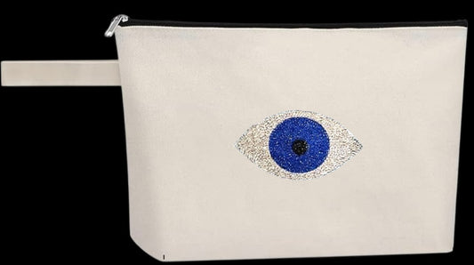 Evil Eye Rhinestone Makeup Bag in White
