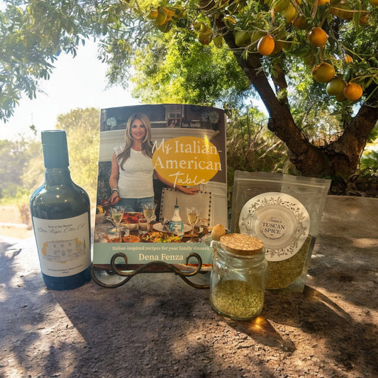 Teresa’s Tuscan Spice Bag (5 oz.) and Decorative Glass Container with Spoon, Il Poderino by San Martino Extra Virgin Olive Oil (500 ML) & a copy of the cookbook entitled My Italian American Table by Dena Fenza