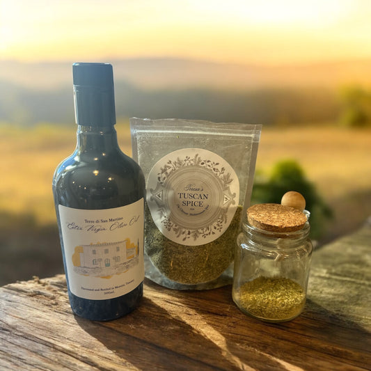 Teresa’s Tuscan Spice Bag (5 oz.) and Decorative Glass Container with Spoon and Il Poderino by San Martino Extra Virgin Olive Oil (500 ML)
