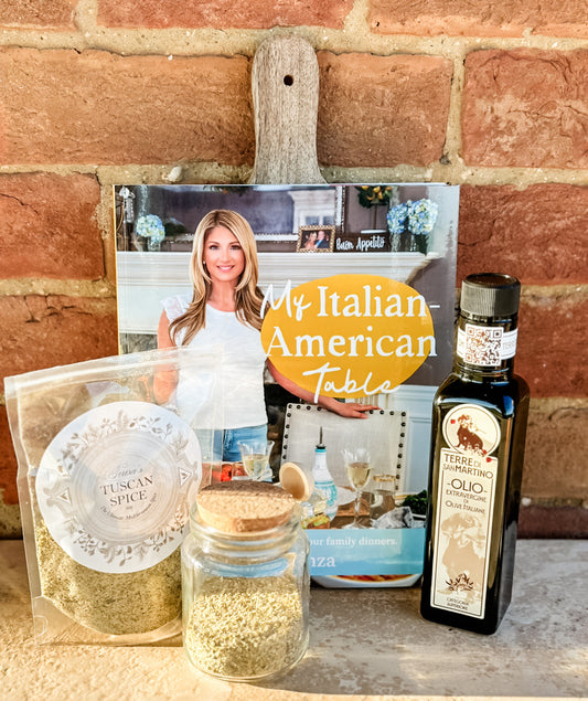 Teresa’s Tuscan Spice Bag (5 oz.) and Decorative Glass Container with Spoon, San Martino Extra Virgin Olive Oil (500 ML) & a copy of the cookbook entitled My Italian American Table by Dena Fenza